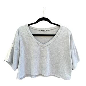 Fashion Nova V-Neck Crop Top in Grey with White Stripe